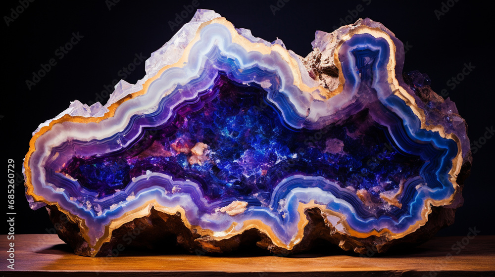 Luminous Agate Geode: Spectrum of Deep Colors and Crystalline Bands, on a wood and black background