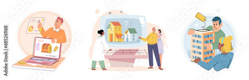 Buying and choosing housing. Vector illustration The sale price property was negotiable The buyer saw potential for profitable investment The purchase house required down payment The residential