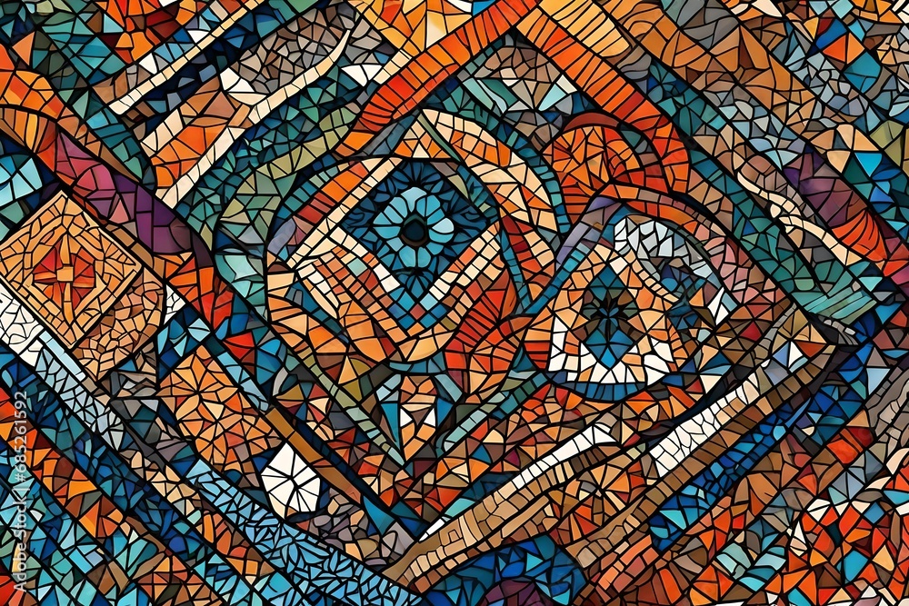 Generate an image showcasing the intricate details of a mosaic texture, combining vibrant hues to form a visually pleasing and harmonious pattern. 