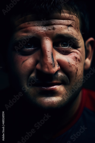 gros plan d'un joueur de rugby en sueur le visage marqué de coups après un match