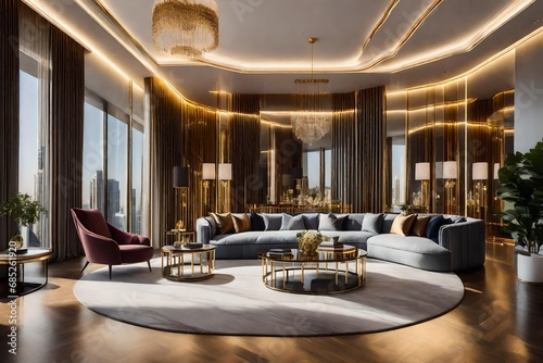 A luxurious modern home interior characterized by refined furniture, marble accents, and subtle gold details, ambient lighting creating an elegant ambiance © usama