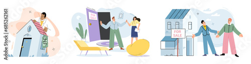 Buying and choosing housing. Vector illustration The mortgage allowed buyer to purchase their dream home The apartment was in high demand for rent due to its convenient location The sale property