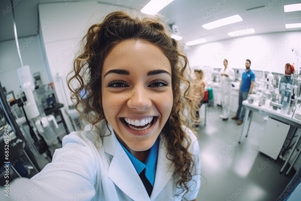 Obraz premium Girl laboratory assistant takes a selfie in the laboratory