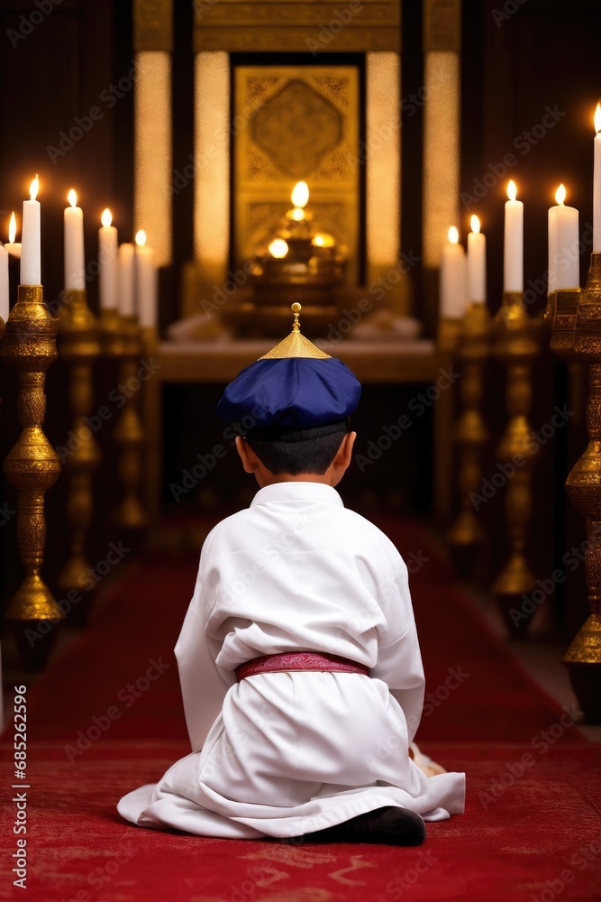 A boy prays at the temple during Ramadan. Generative ai. A boy prays at the temple during Ramadan. Generative ai.