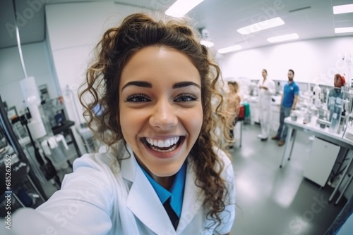 Girl laboratory assistant takes a selfie in the laboratory