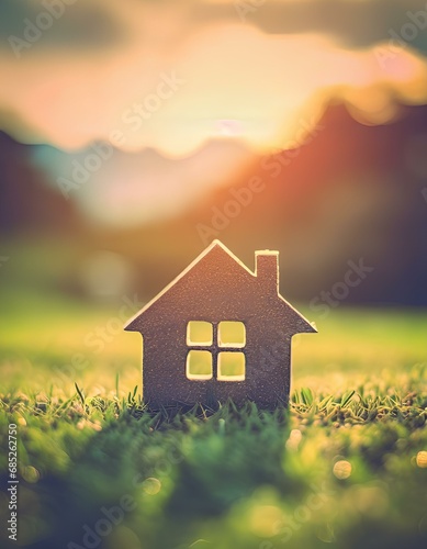House shape in a field of Grass, Concept of buying a house, creation of family, Space for copy
