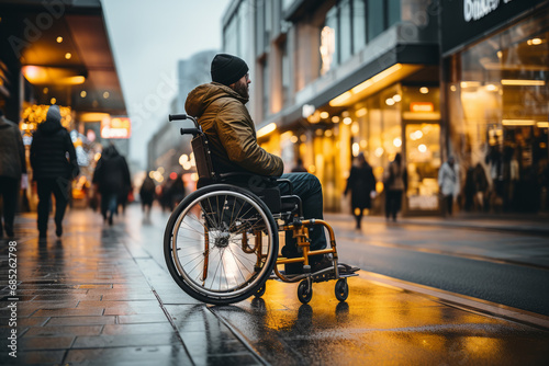 A person in a wheelchair crossing the road. generative Ai photo