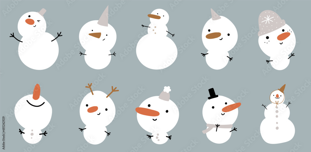 Cute cartoon christmas winter snowman characters set doodle childish nursery illustration collection with deer hat