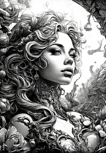 fantasy Queen, engraving effect, generative ai illustration