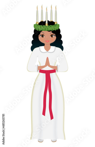 Cute traditional Saint Lucia child, girl. Celebration 13 december. Isolated. Vector illustration.
