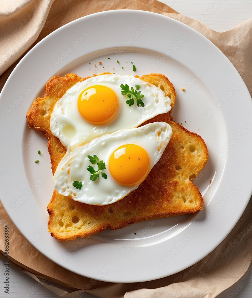 Fried eggs on a white plate with toast and herbs. Traditional delicious breakfast Fried eggs on a white plate with toast and herbs. Traditional delicious breakfast