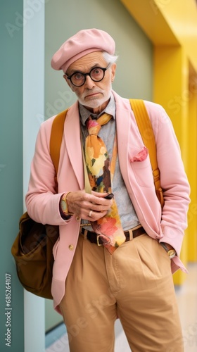Elderly student man student dressed in a trendy young outfit 