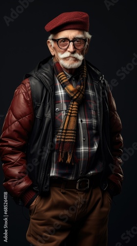 Elderly student man student dressed in a trendy young outfit
