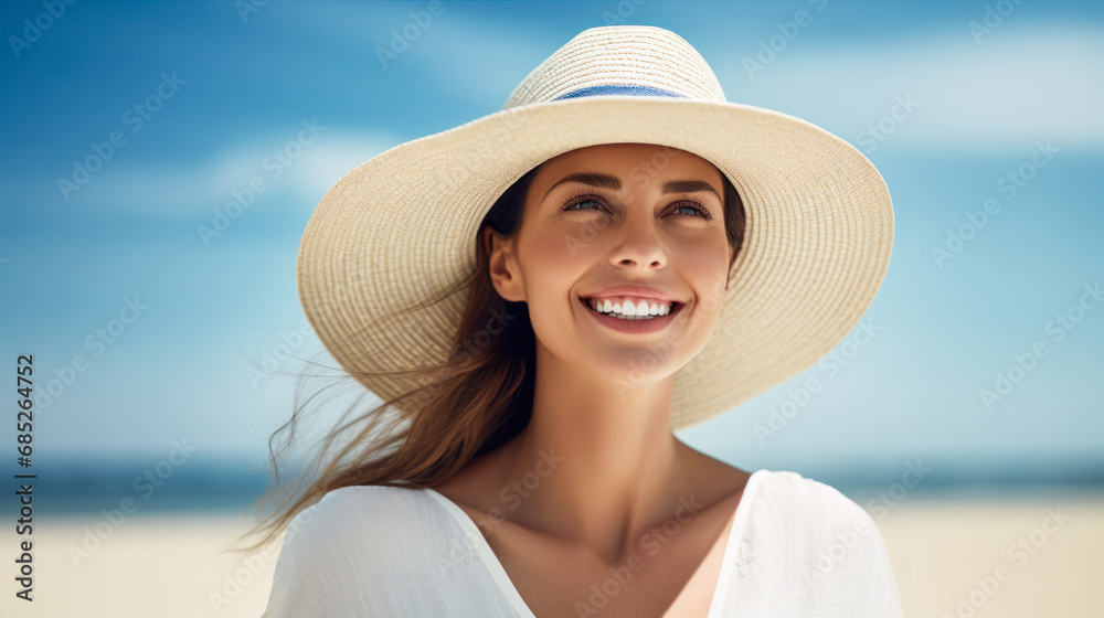 Seaside Serenity: Smiles and Straw Hats young woman smiling on the beach