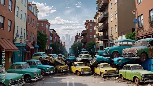 dump of old cars on a city street photo