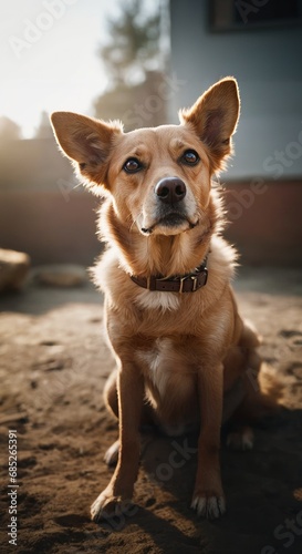 A portrait of a dog sitting in a yard with a collar on, looking at the camera with a curious expression.