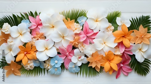 tropical flowers and foliage on white wood background