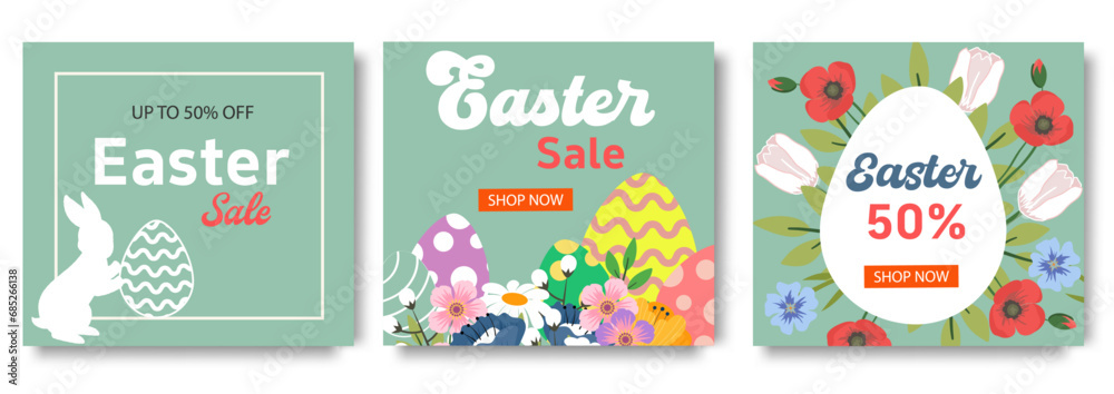 Naklejka premium Set of trendy minimal Easter Sale posters with Color Painted Egg, Spring Flower and Rabbit. Spring background, cover, sale banner, flyer design. Template for advertising, web, social media
