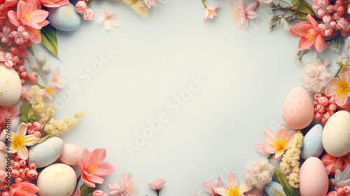 Colorful easter eggs and flowers with copy space. Top view.