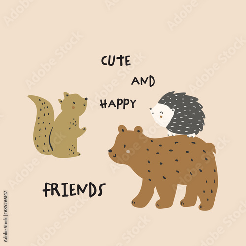 cute and lovely forest animal design deer fox panda penguin raccoon bear bird squirrel pangolin sea lion and forest day slogans for kids market as vector