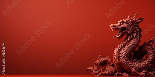 Dragon on a red background. Wooden dragon. Chinese New Year. background. copy space. 2024 chinese new year