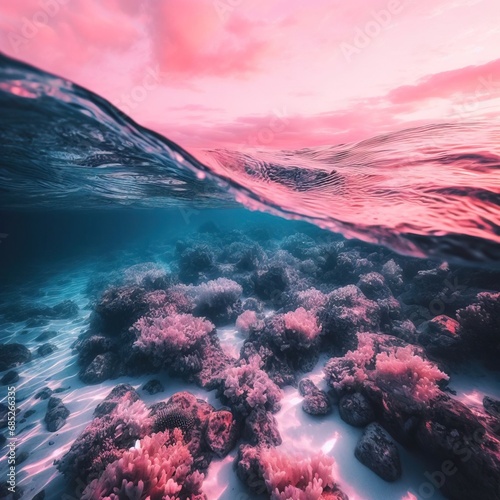 Half underwater shot, half clear turquoise water and sunny pink sky with clouds. Tropical ocean. Beautiful seascape. © Valeriy