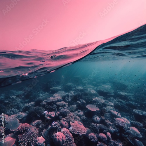 Half underwater shot, half clear turquoise water and sunny pink sky with clouds. Tropical ocean. Beautiful seascape. © Valeriy