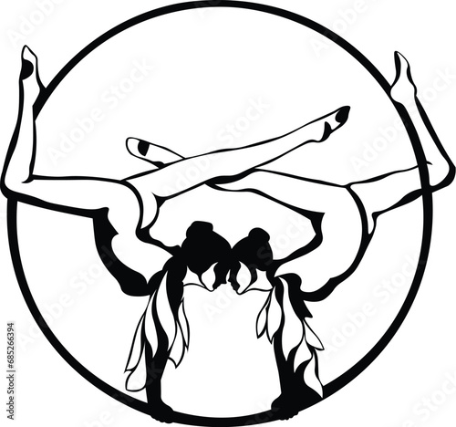 Cartoon Black and White Isolated Illustration Vector Of A Circus Performer laying on an Aerial Hoop