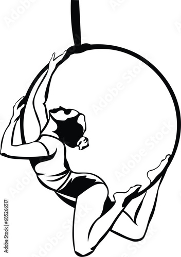 Cartoon Black and White Isolated Illustration Vector Of A Circus Performer laying on an Aerial Hoop