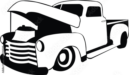 Cartoon Black and White Isolated Illustration Vector Of A Broken Down Vintage Car with Bonnet Open