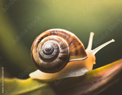 Macro snapshot of a snail on a green leaf