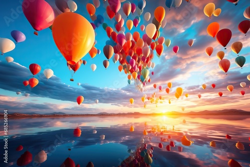A shot of Hot Air Balloons rising air sunset with clouds celebrate concept Generative AI