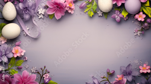 Colorful easter eggs and flowers with copy space. Top view.