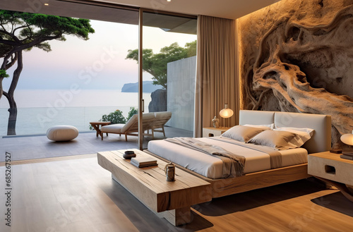 Minimalist interior design of modern bedroom in seaside villa with sea view-edit, Generative AI © Eduardo