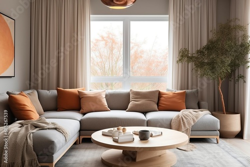 Minimalist home interior design of modern living room. Grey corner sofa with terracotta pillows and big round wooden coffee table against window, Generative AI