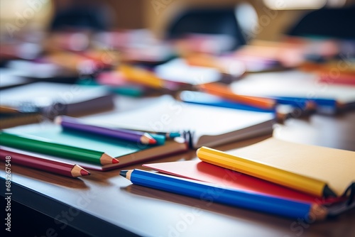Colorful School Supplies Arranged Neatly on a Classroom Desk for Academic Success photo
