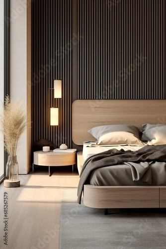Minimalist style interior design of modern bedroom, Generative AI