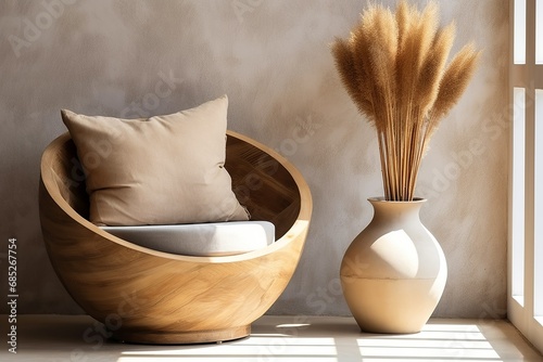 Round lounge chair and wooden vase with pampas grass against stucco wall with copy space. Rustic minimalist home interior design of modern living room, Generative AI