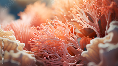 Macro shot on coral and anemones, macro sea anemone coral texture tentacles, close up of a beautiful sea coral