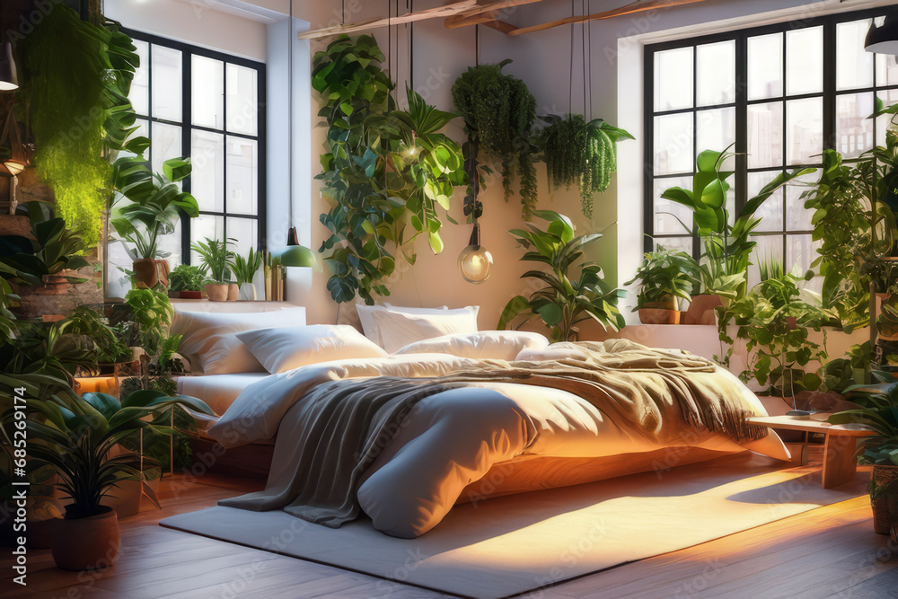 Home garden, bedroom in white and wooden tones. Close-up, bed, parquet floor and many houseplants. Urban jungle interior design. Biophilia concept. - obrazy, fototapety, plakaty 