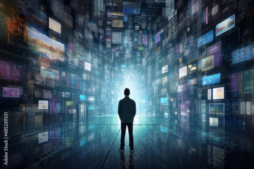 Person stands among information flows, the space around him is filled with various text data and digital data, Information overload, Digital transformation concept.