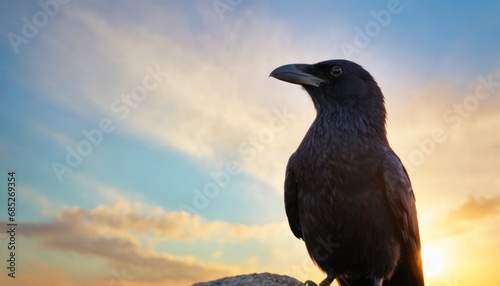  a close up of a bird on a rock with the sun in the back ground and clouds in the sky in the back ground, and in the foreground.