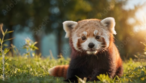  a red panda cub sitting in the grass looking at the camera with a curious look on his face and a blurry background of trees and grass in the foreground.