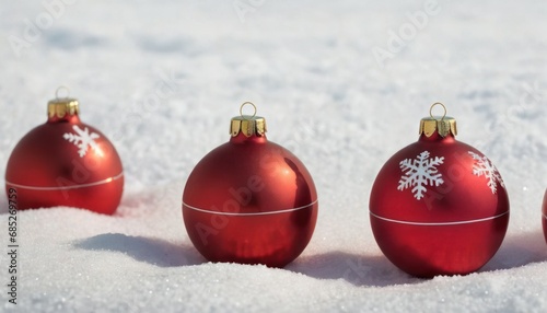  a group of three red christmas ornaments sitting on top of a snow covered ground with a snowflake on the top of one ornament and a snowflaker on the bottom of the ornamer. photo