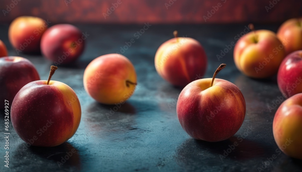 a group of red and yellow apples sitting on top of a black counter top in front of a group of red and yellow apples on top of a black counter. a group of red and yellow apples sitting on top of a black counter top in front of a group of red and yellow apples on top of a black counter.