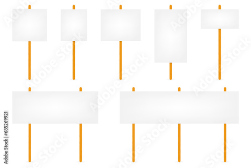 White blank boards signs with place for text, protest sign. Realistic demonstration or advertising banner. Strike action cardboard placard mockup. Vector illustration
