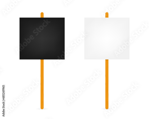 Black and white blank boards with place for text, protest sign. Realistic demonstration or advertising banner. Strike action cardboard placard mockup. Vector illustration