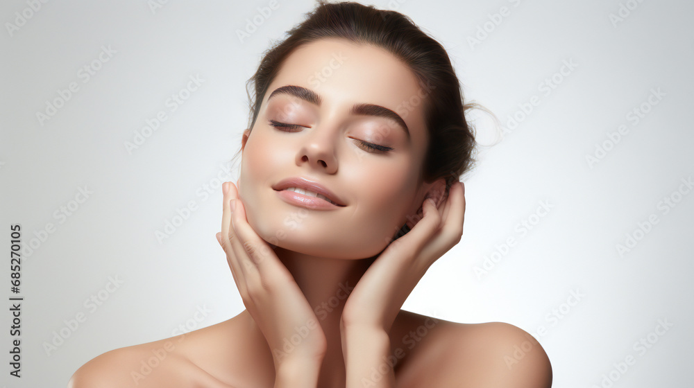 beautiful young woman lightly touching face with hands on white background, clean glowing skin beautiful young woman lightly touching face with hands on white background, clean glowing skin