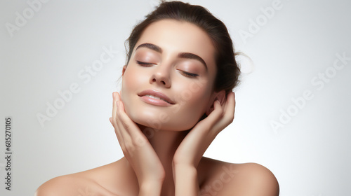 beautiful young woman lightly touching face with hands on white background, clean glowing skin