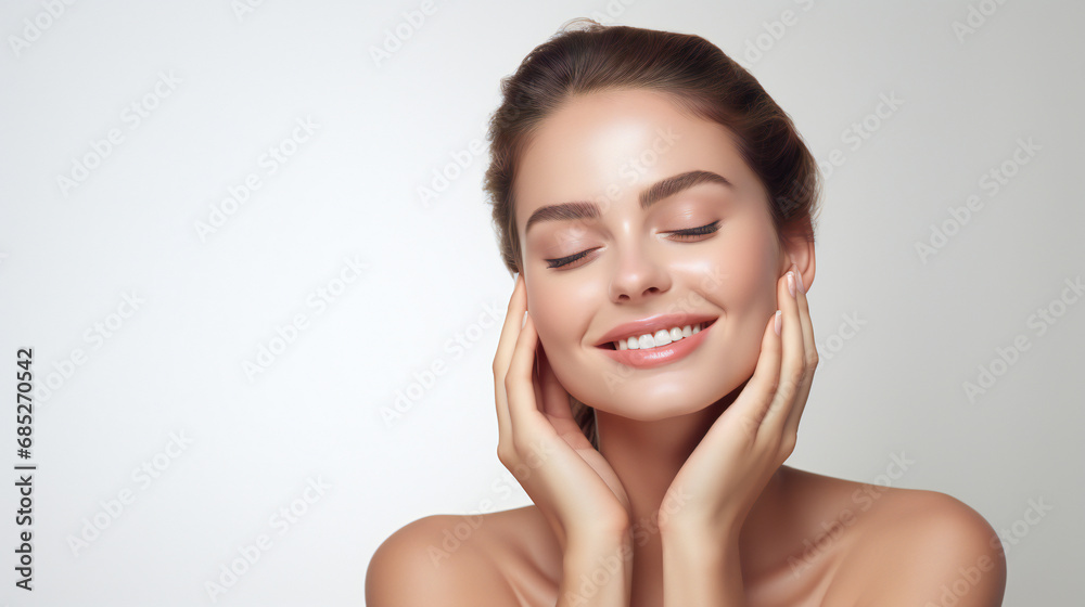 beautiful young woman lightly touching face with hands on white background, clean glowing skin beautiful young woman lightly touching face with hands on white background, clean glowing skin